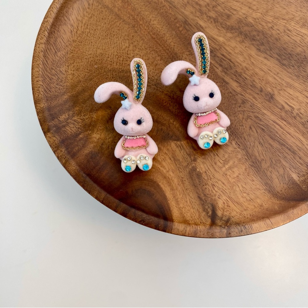 Vintage Pink Velvet Whimsical Easter Bunny Blue Rhinestones Earrings